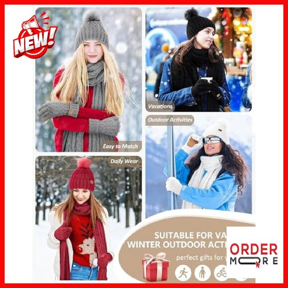 Fleece Lined Winter Beanie Scarf Gloves Set Touchscreen Warm main image 8